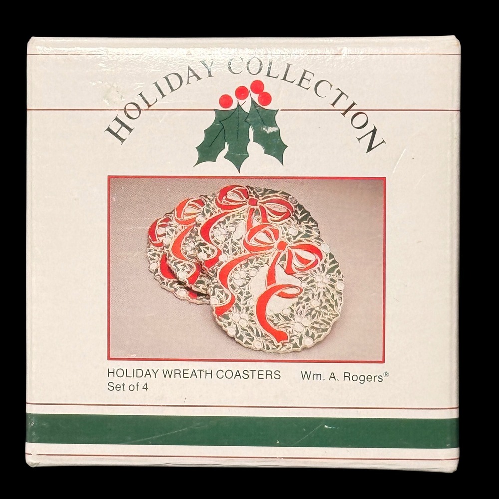 Wm A Rogers Oneida Holiday Wreath Coasters Set of 4 Silver Red Green 1986 Japan